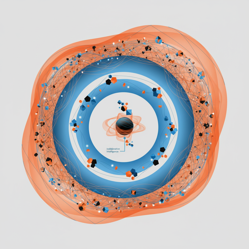 Una representación visual abstracta de los niveles de adopción, desde la asistencia individual hasta la autonomía multi-agente. Tres capas concéntricas distintas, o formas progresivamente más grandes y abarcadoras, cada una representando una etapa de integración y control, desde lo impulsado por humanos hasta lo completamente autónomo. Se muestra una clara progresión y crecimiento en complejidad y alcance.