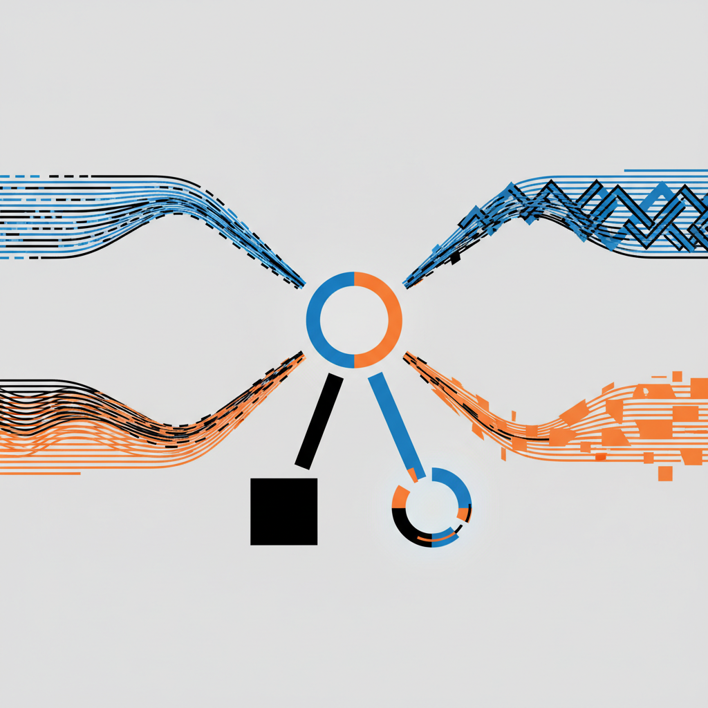 Una representación abstracta de un proceso de toma de decisiones basado en múltiples señales para el 'auto-merge'. Cuatro flujos visuales o caminos distintos convergiendo hacia un punto de decisión central. Cada flujo es distinguible, quizás por color o textura, representando diferentes métricas o entradas. La confluencia sugiere una puntuación compuesta o evaluación que lleva a un resultado binario (merge/no-merge).