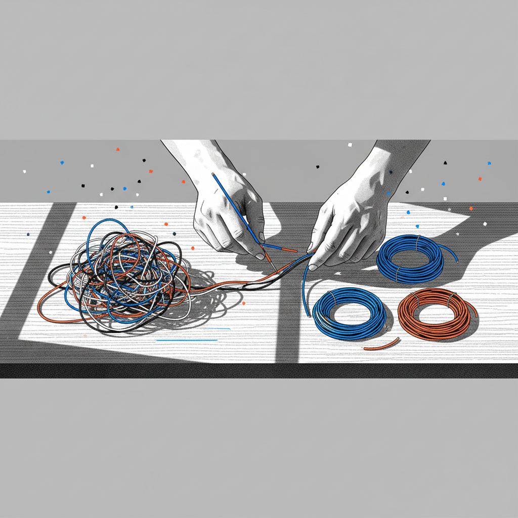 Manos de artesano desenredando y organizando un manojo de cables en un banco de trabajo, representando la modularización de un script complejo.