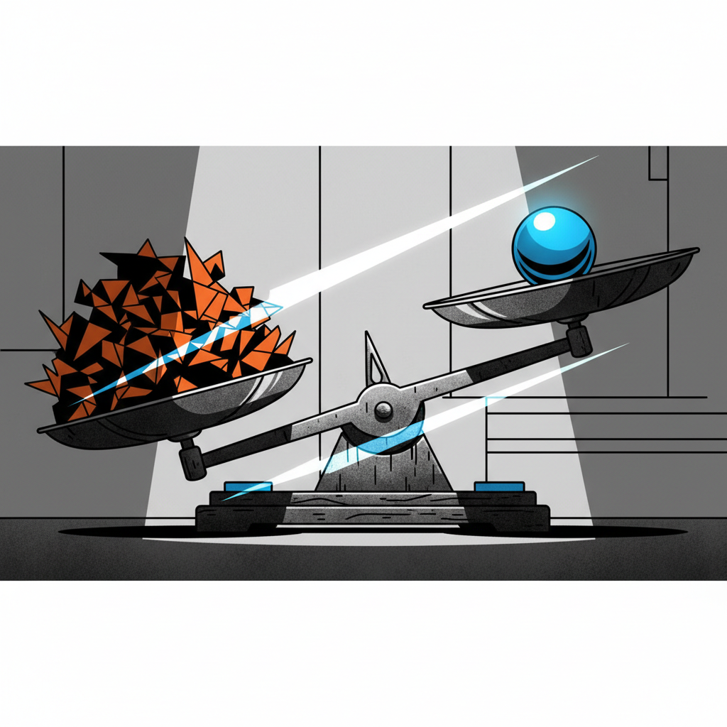 Una balanza antigua con un lado sobrecargado y otro con una sola esfera pulida, representando la diferencia entre verificar o no un checksum.