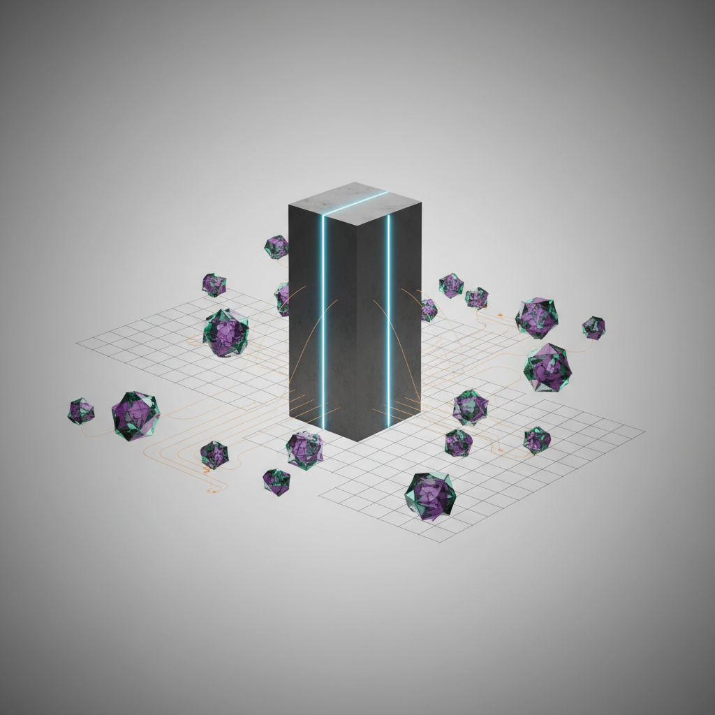 Una estructura monolítica oscura con líneas azules brillantes gestionando y alineando estructuras cristalinas más pequeñas y diversas, representando la integración disciplinada de aplicaciones.